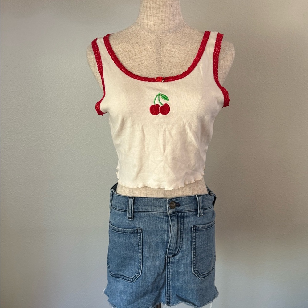 Cherry Embroidered White Tank Top